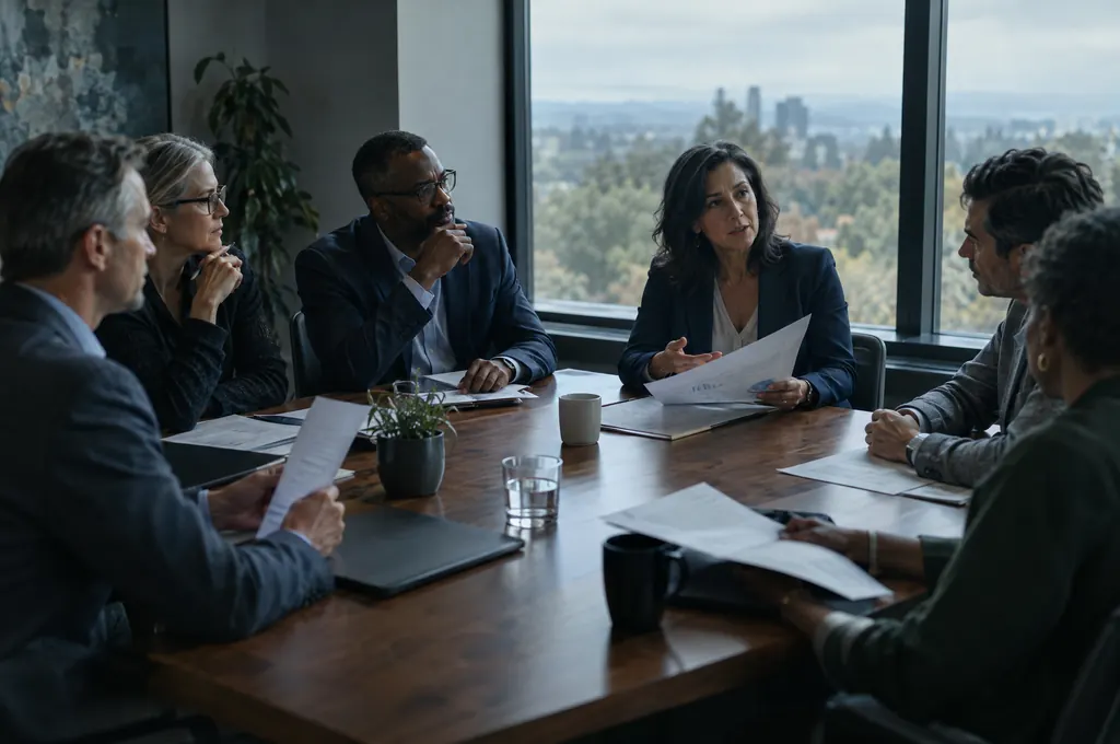 A board meeting around a table, members reviewing printed papers