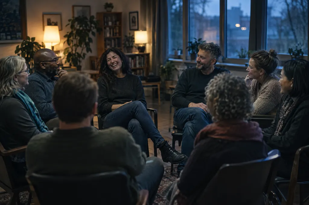 Members of a regional chapter talking in a circle at an evening meeting