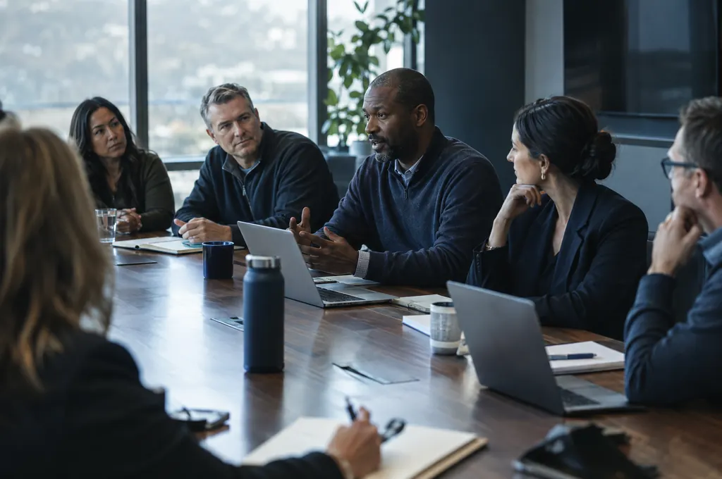 Independent owners comparing notes around a meeting table