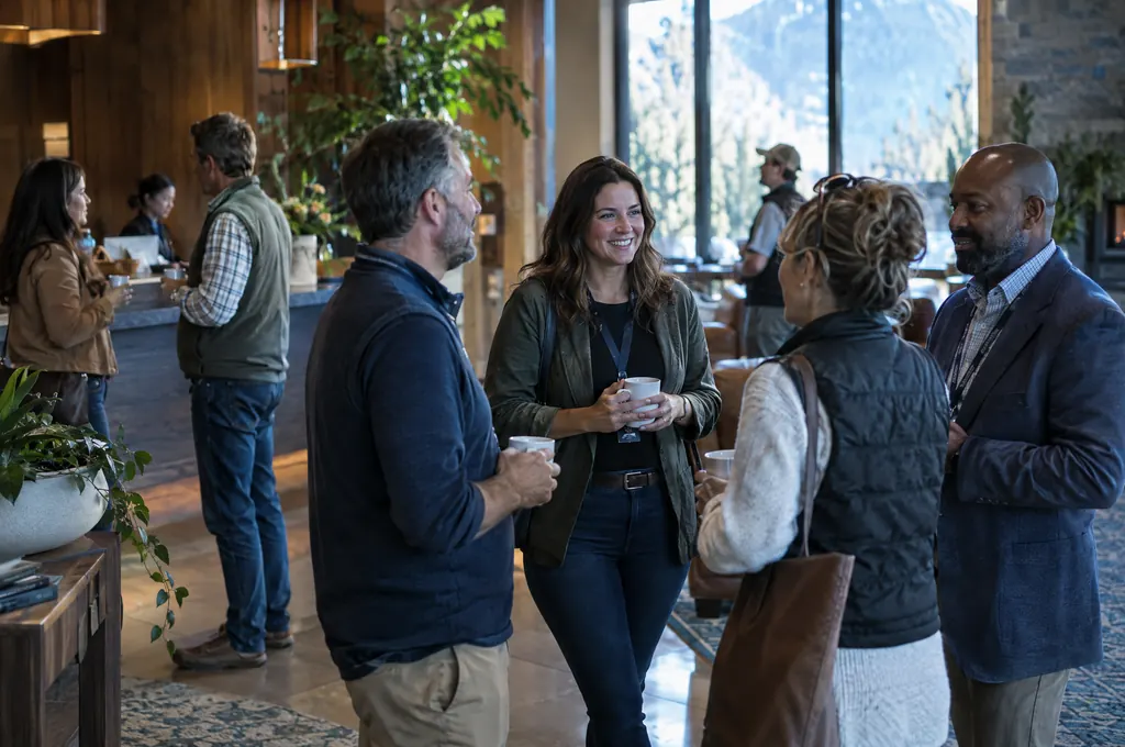Hotel and campground owners talking over coffee in a hotel lobby