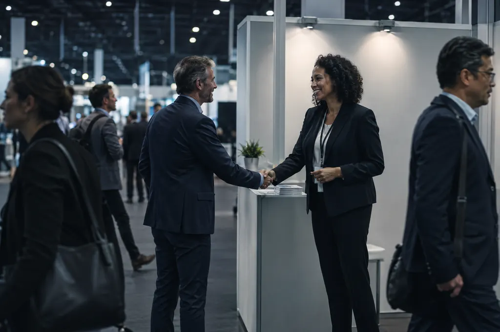 Two people shaking hands at an exhibition booth on a trade show floor